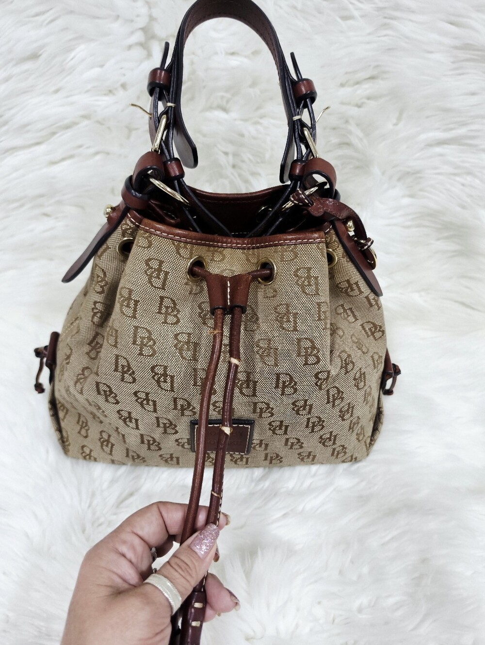 Dooney & Bourke DB Monogram Drawstring Bucket Bag Tan Brown Leather - Picture 12 of 17